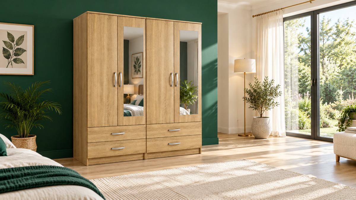 Oak four-door wardrobe with two mirrors, four drawers and chrome handles in a spacious, sunlit bedroom with an emerald green feature wall.