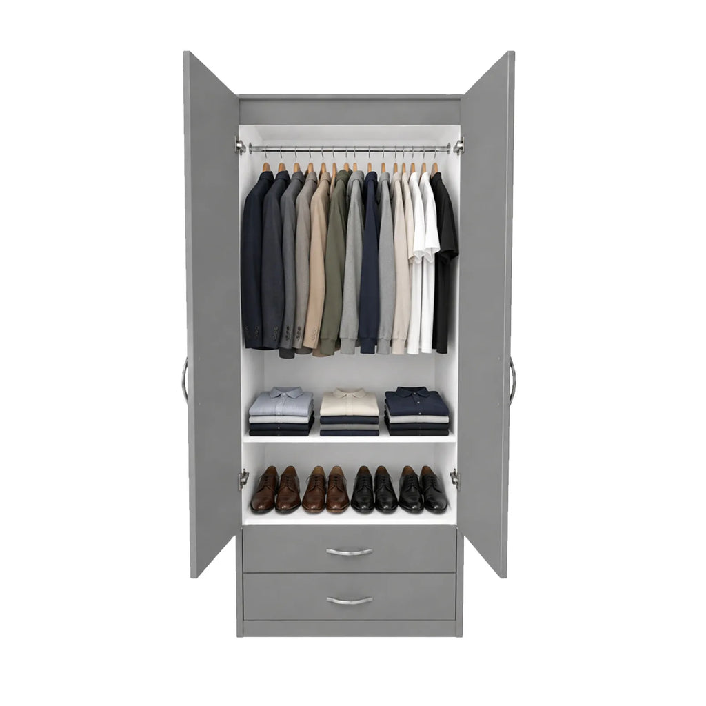Practical Adult Wardrobe - 1 Shelf - Grey, interior filled with hanging and folded clothing