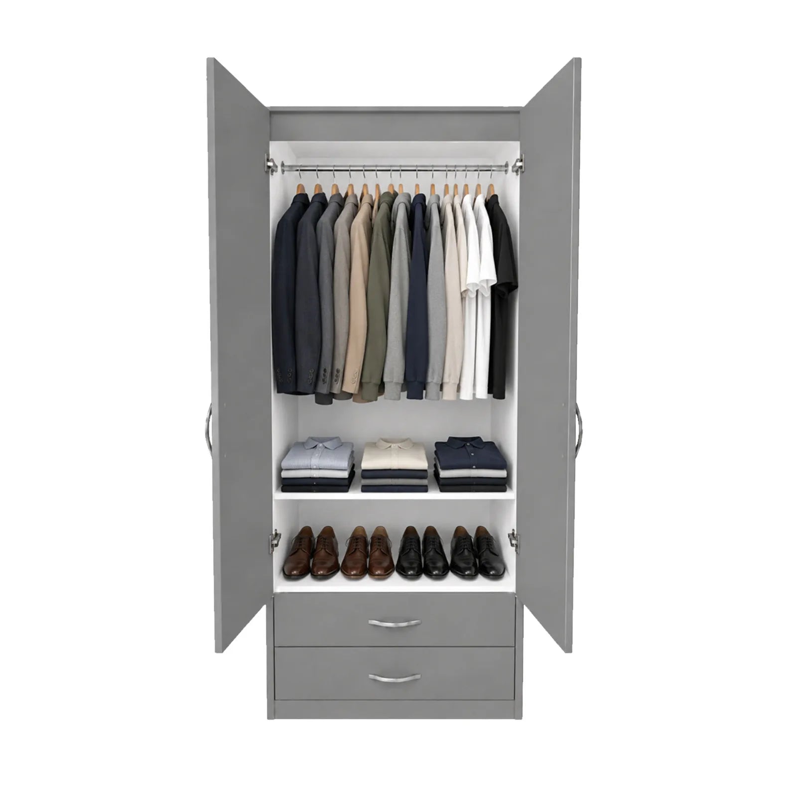 Practical Adult Wardrobe - 1 Shelf - Grey, interior filled with hanging and folded clothing