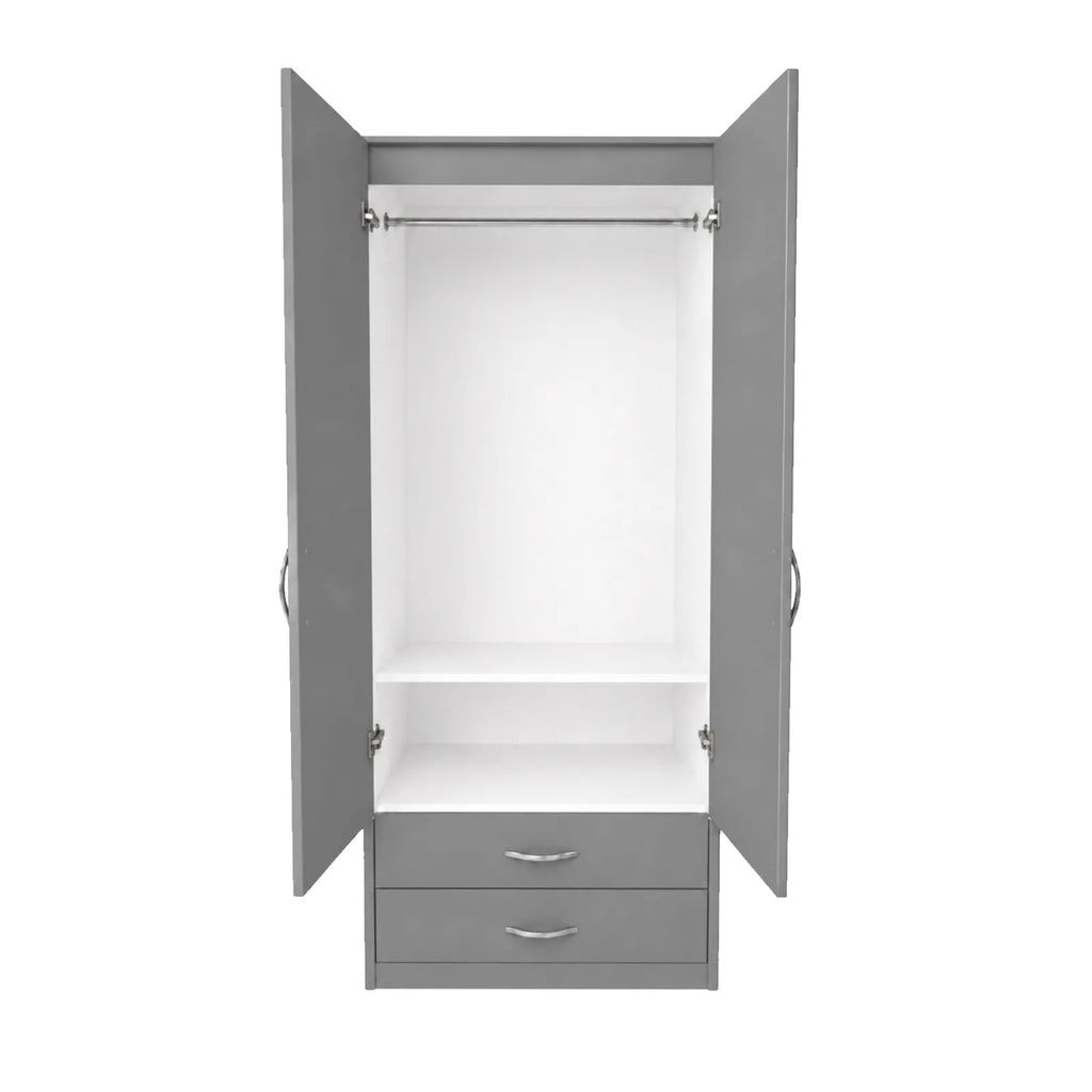 Practical Adult Wardrobe - 1 Shelf - Grey, open doors showing hanging rail, one shelf and two drawers