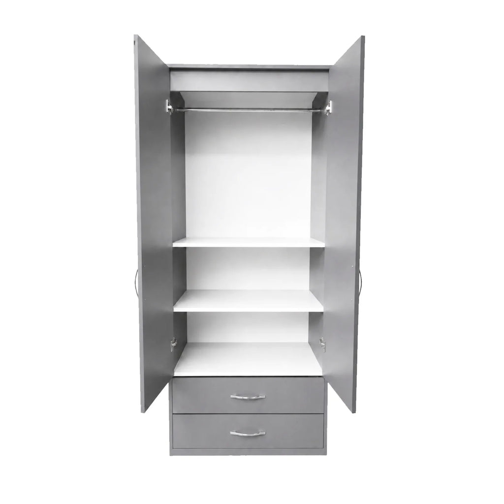 Practical Kids Wardrobe - 2 Shelves - Grey, open doors showing hanging rail, two shelves and two drawers