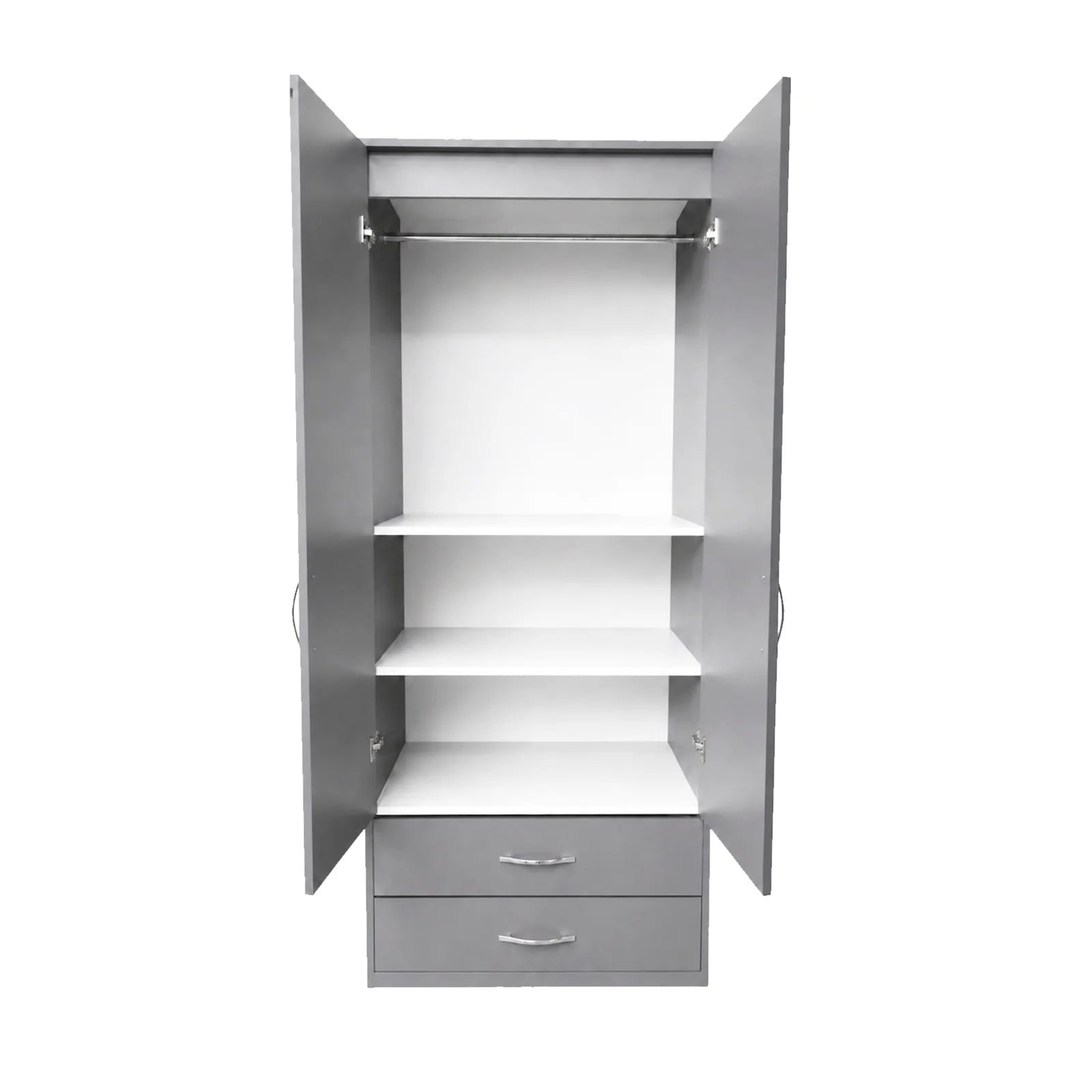 Practical Kids Wardrobe - 2 Shelves - Grey, open doors showing hanging rail, two shelves and two drawers