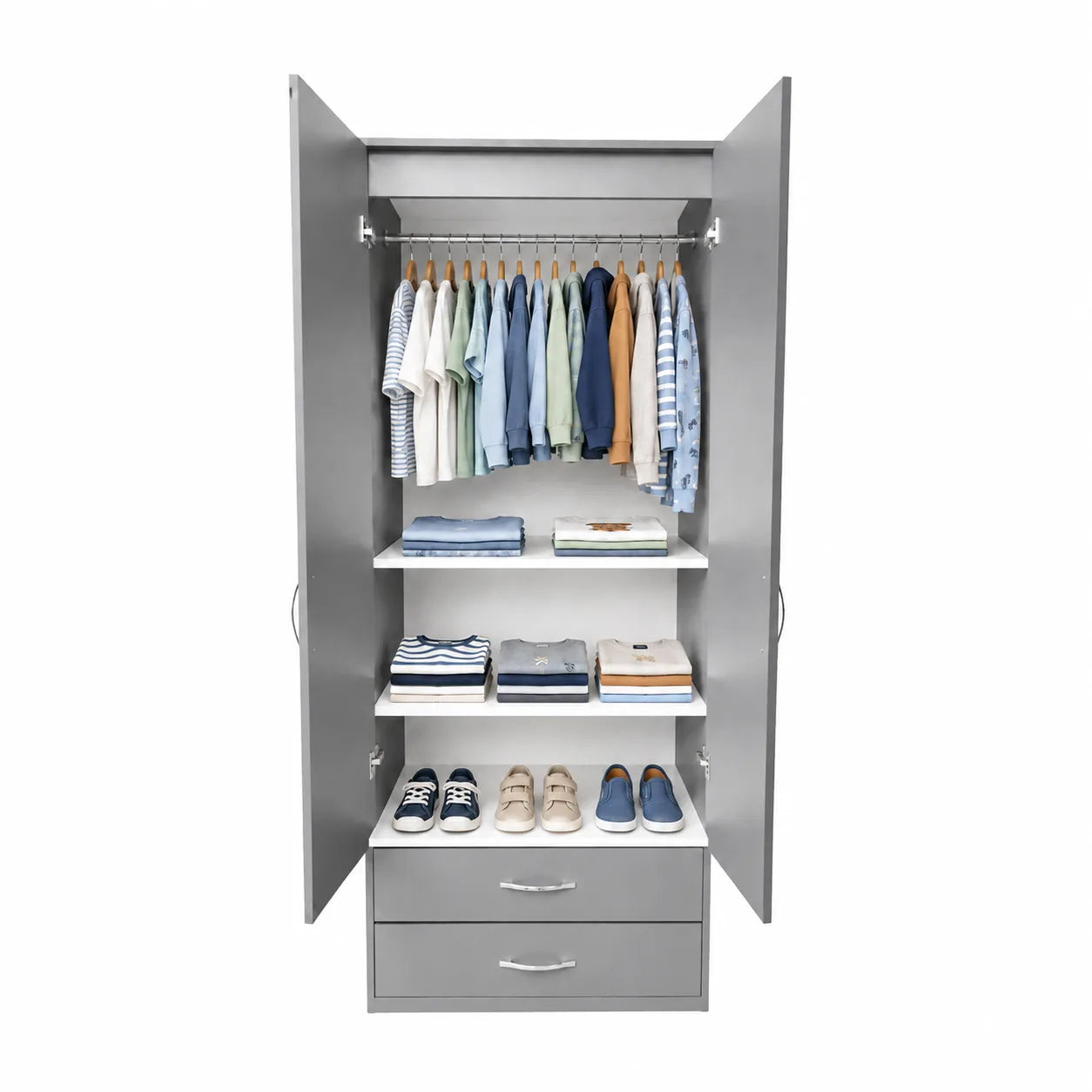Practical Kids Wardrobe - 2 Shelves - Grey, interior filled with children's clothing