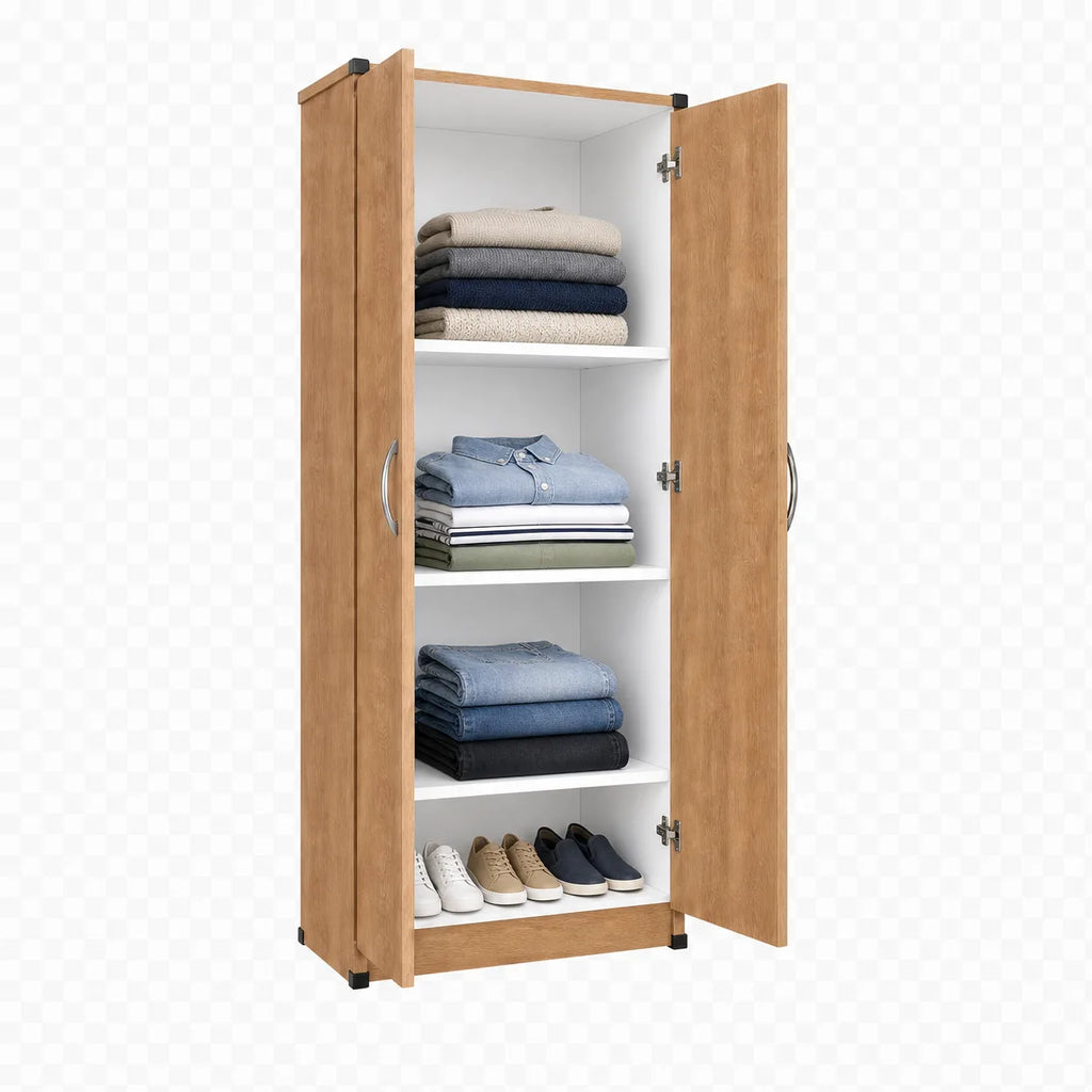 Wardrobe with 3 Shelves - Oak, interior filled with folded clothing and shoes