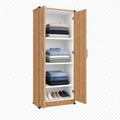 Wardrobe with 3 Shelves - Oak, interior filled with folded clothing and shoes