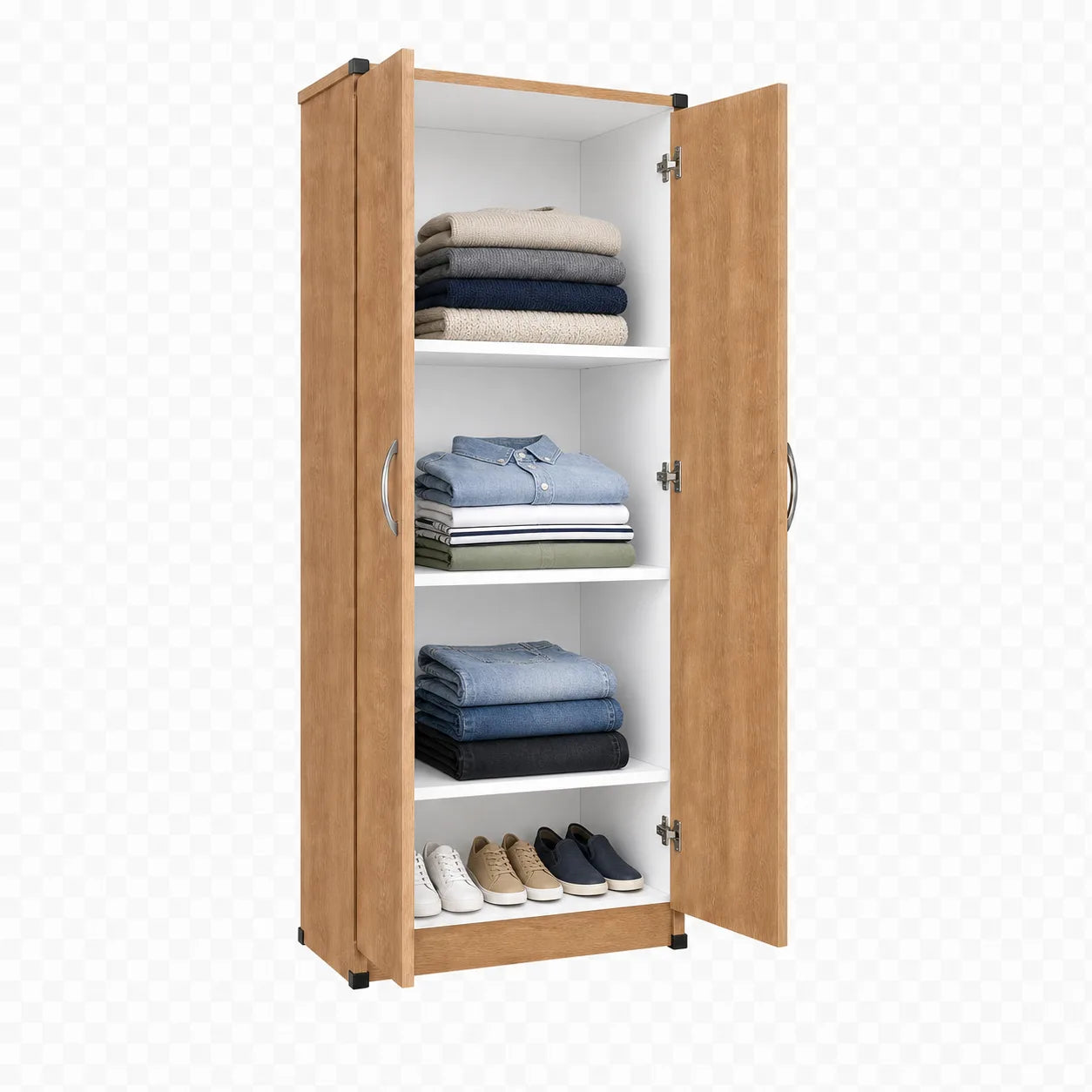 Wardrobe with 3 Shelves - Oak, interior filled with folded clothing and shoes