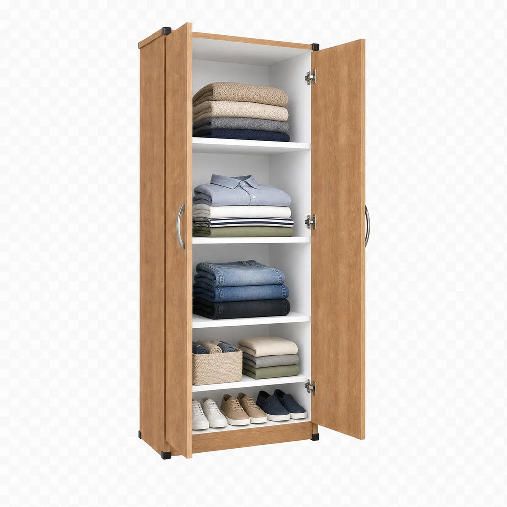 Wardrobe with 4 Shelves - Oak, interior filled with folded clothing, storage and shoes