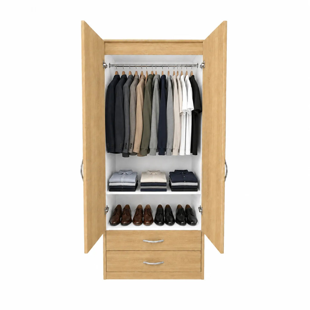 Practical Youth Wardrobe - 1 Shelf - Oak, interior filled with hanging and folded clothing