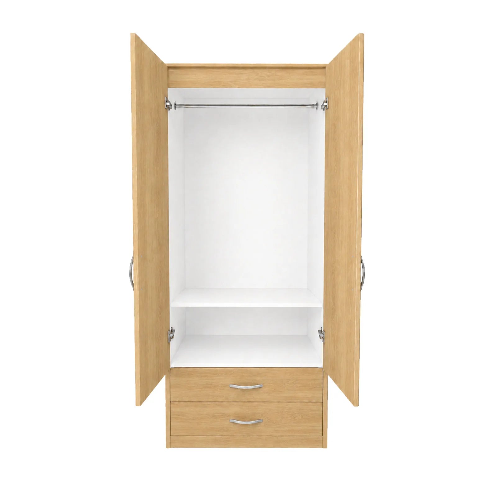 Practical Adult Wardrobe - 1 Shelf - Oak, open doors showing hanging rail, one shelf and two drawers