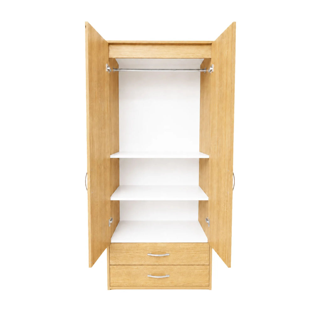 Practical Kids Wardrobe - 2 Shelves - Oak, open doors showing hanging rail, two shelves and two drawers