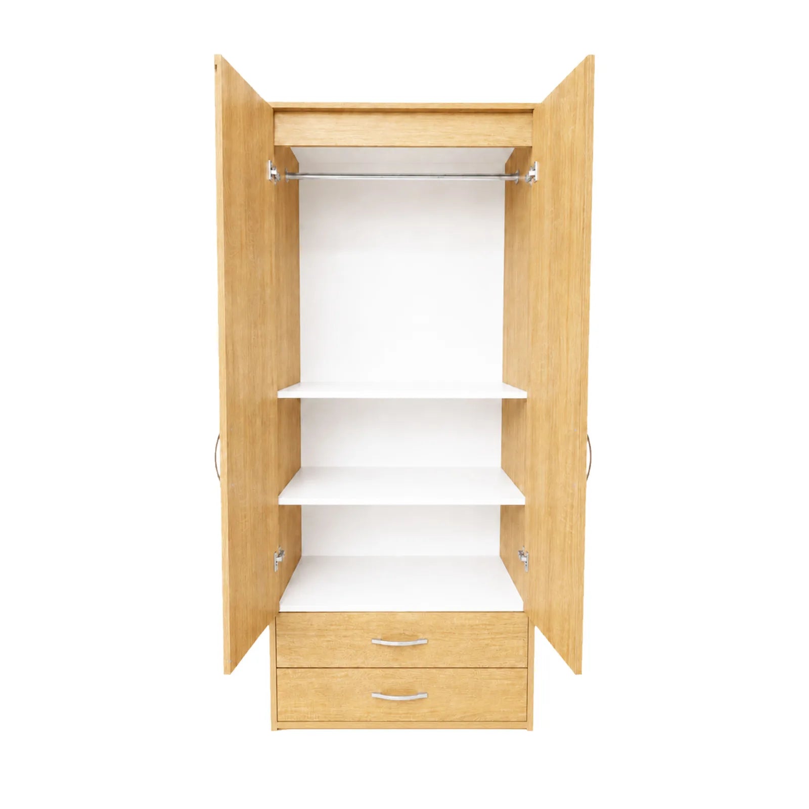 Practical Kids Wardrobe - 2 Shelves - Oak, open doors showing hanging rail, two shelves and two drawers