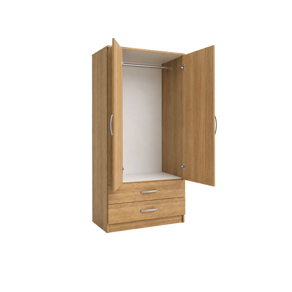 Double Gents Wardrobe - Oak, empty interior section with hanging rail above drawers