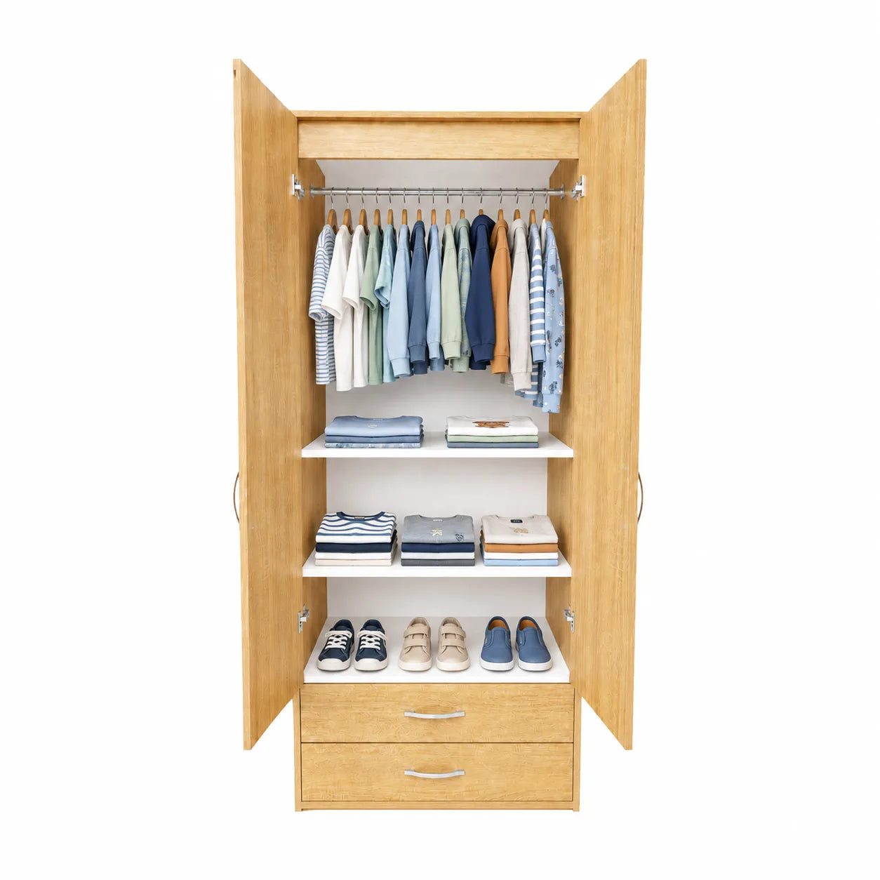 Practical Kids Wardrobe - 2 Shelves - Oak, interior filled with children's clothing