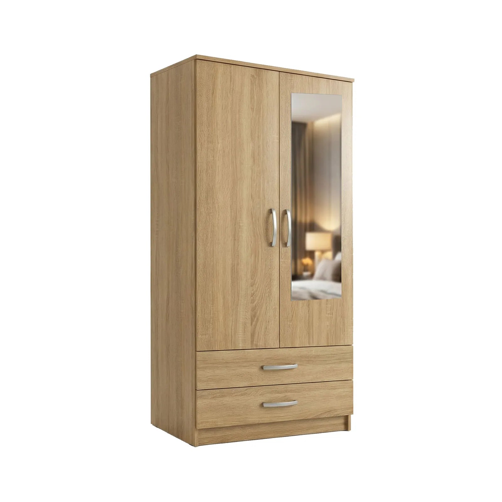 Practical Adult Wardrobe - 1 Shelf - Oak, with mirror