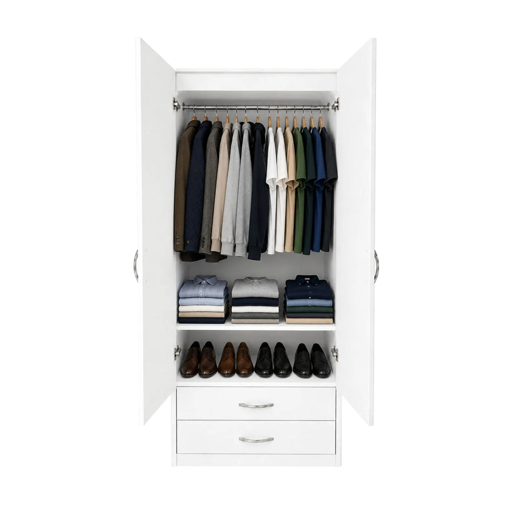 Practical Adult Wardrobe - 1 Shelf - White, interior filled with hanging and folded clothing
