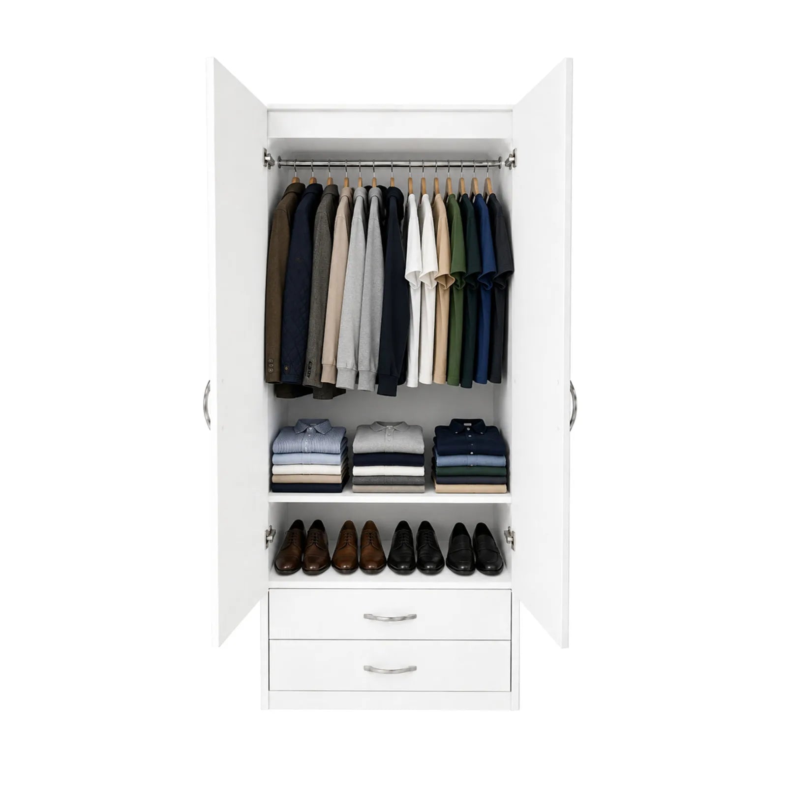 Practical Adult Wardrobe - 1 Shelf - White, interior filled with hanging and folded clothing