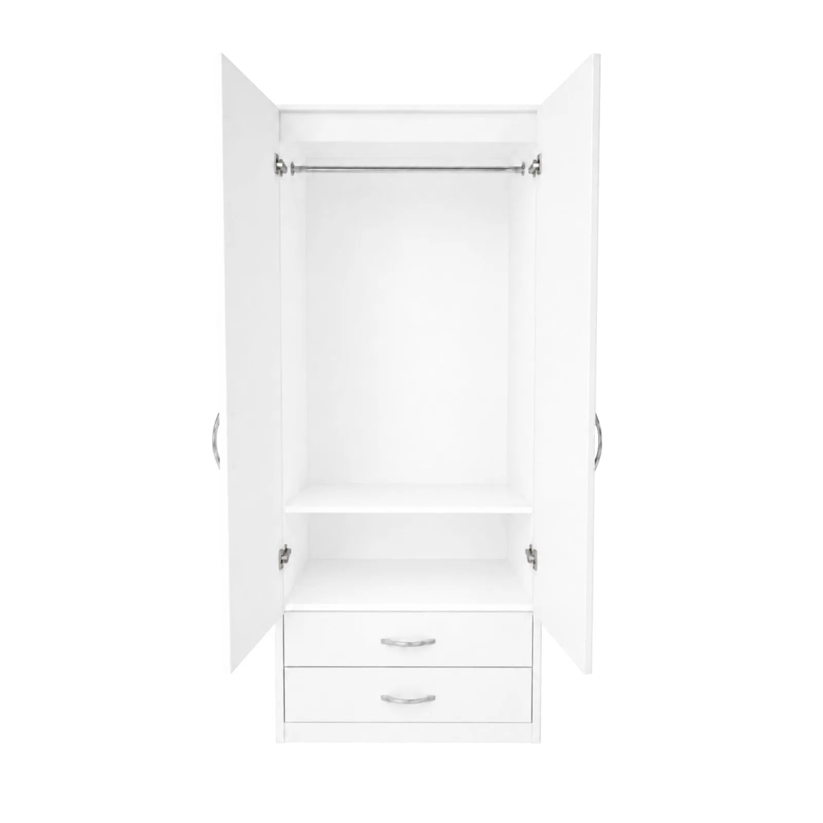 Practical Youth Wardrobe - 1 Shelf - White, open doors showing hanging rail, one shelf and two drawers