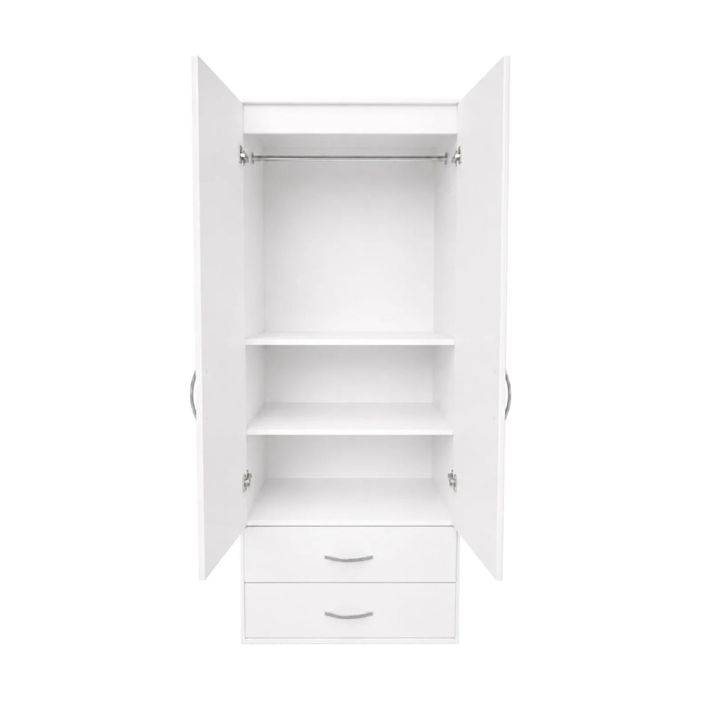 Practical Kids Wardrobe - 2 Shelves - White, open doors showing hanging rail, two shelves and two drawers