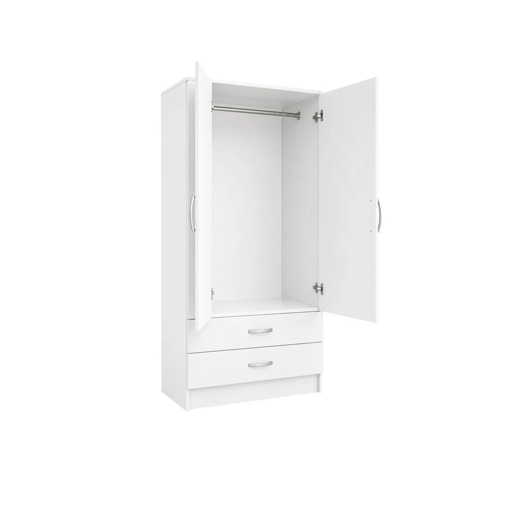Double Gents Wardrobe - White, empty interior section with hanging rail above drawers