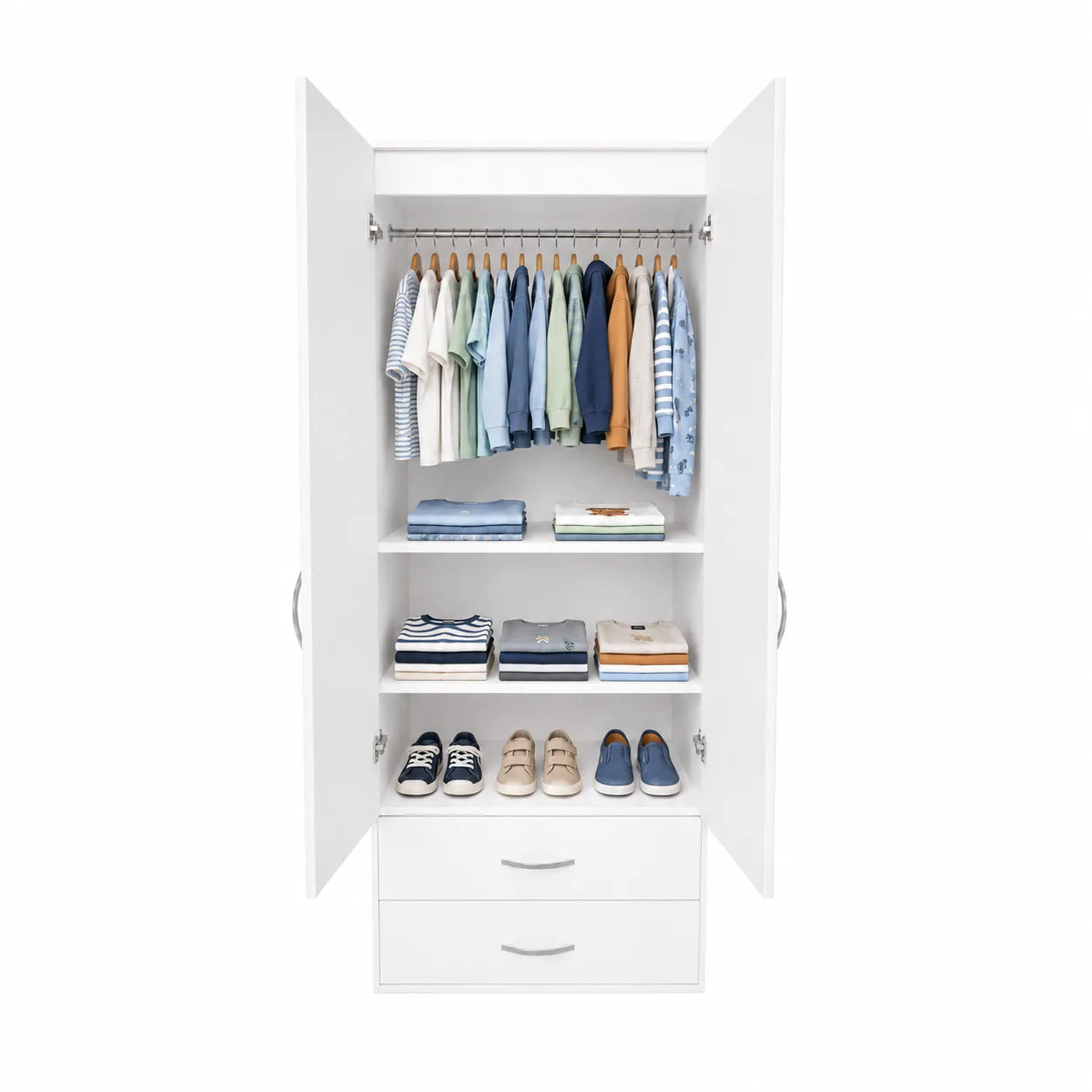 Practical Kids Wardrobe - 2 Shelves - White, interior filled with children's clothing