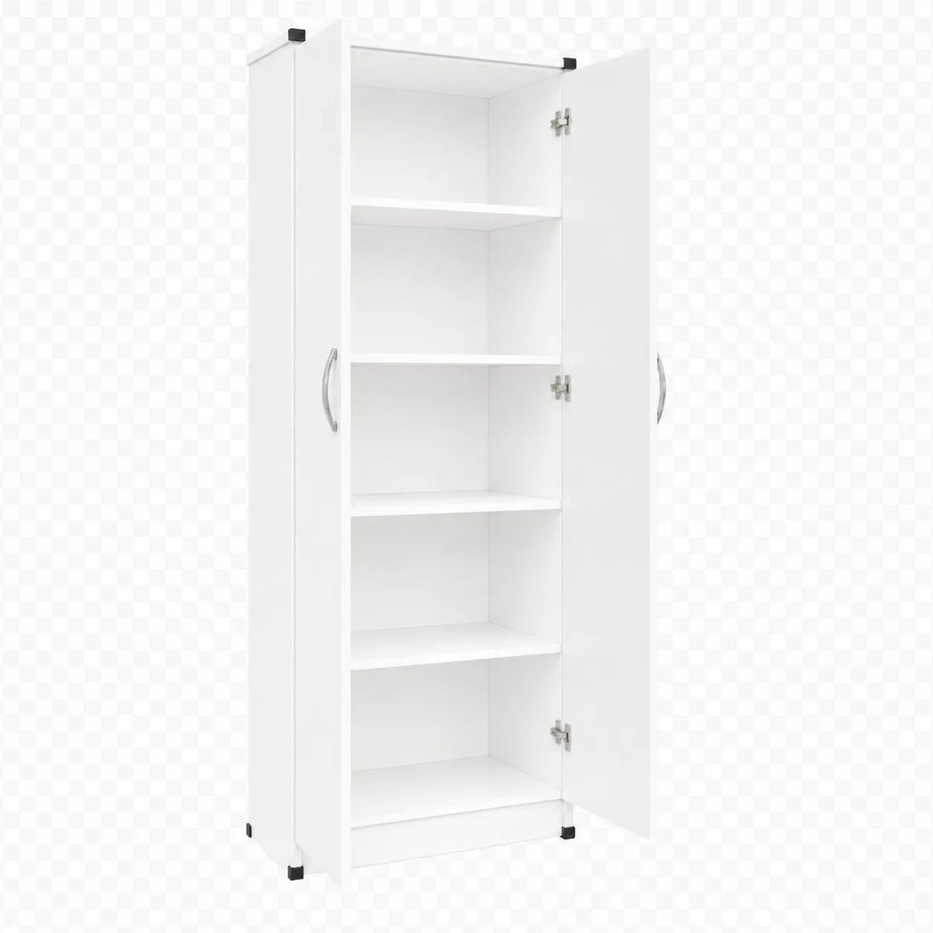 Wardrobe with 4 Shelves - White, open doors showing four internal shelves